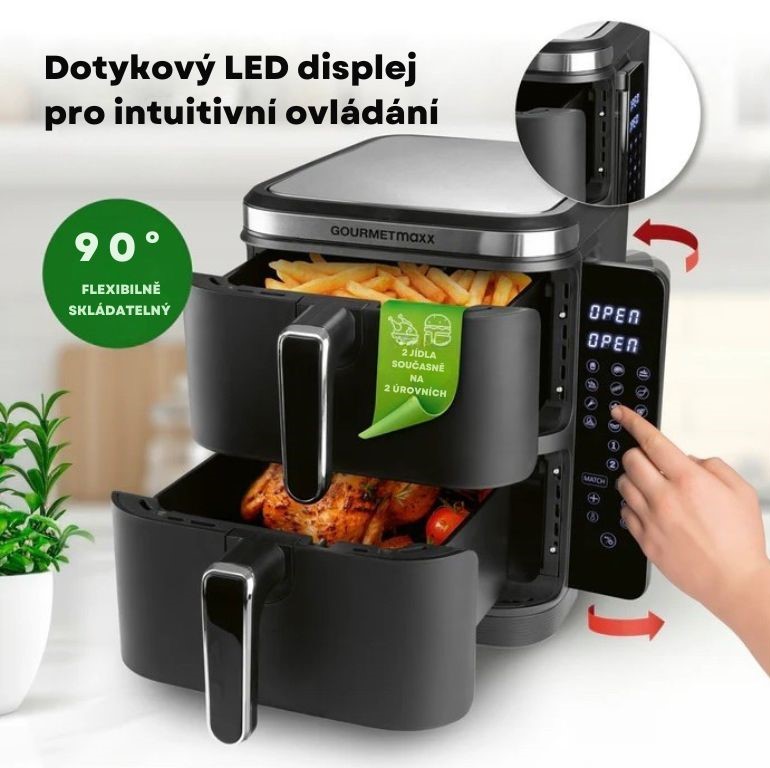 GourmetMaxx Vertikální horkovzdušná fritéza s dvojitou komorou a bočním displejem FryUp 10 l 15305 (5)